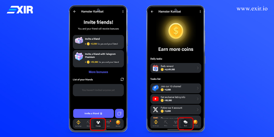 دریافت توکن با انجام تسک در بخش Earn و دعوت از دوستان در بازی Hamster